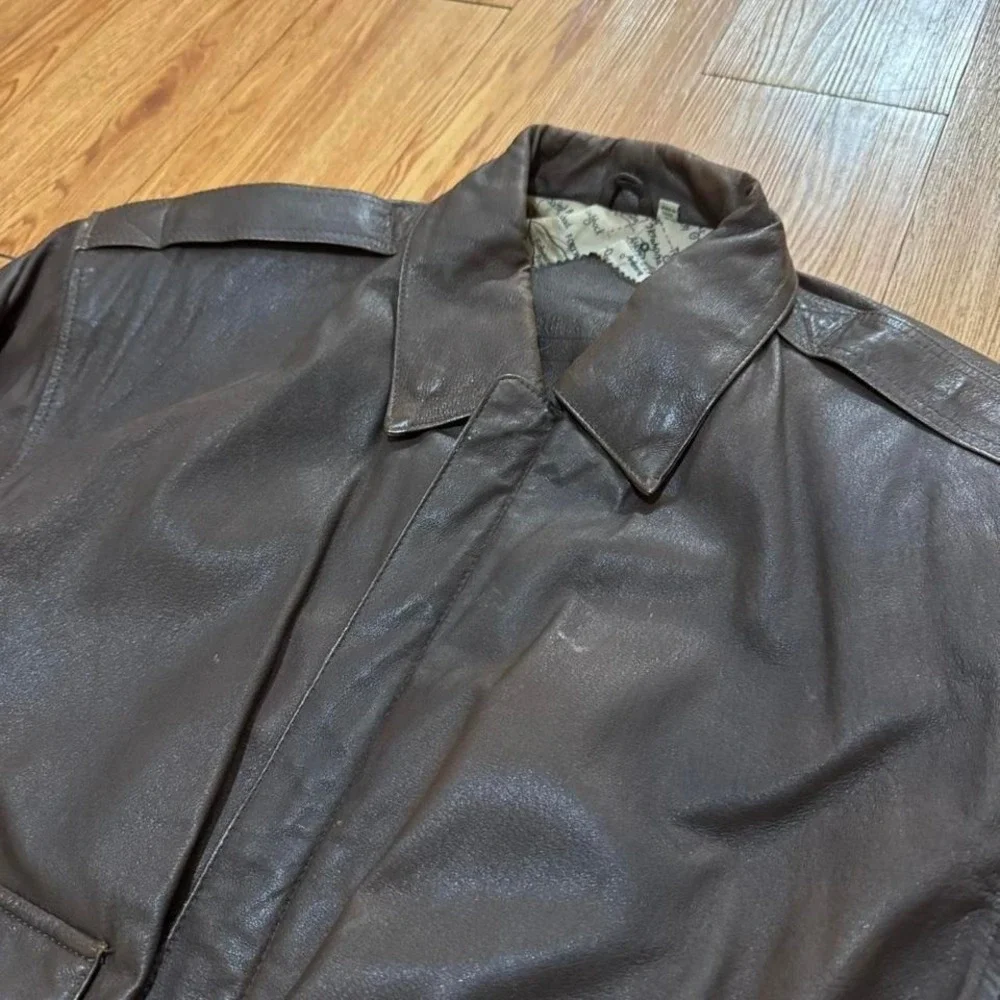 Preston & York Men's Jacket Pig Skin Leather‎ Flight Brown Full Zip Size XL